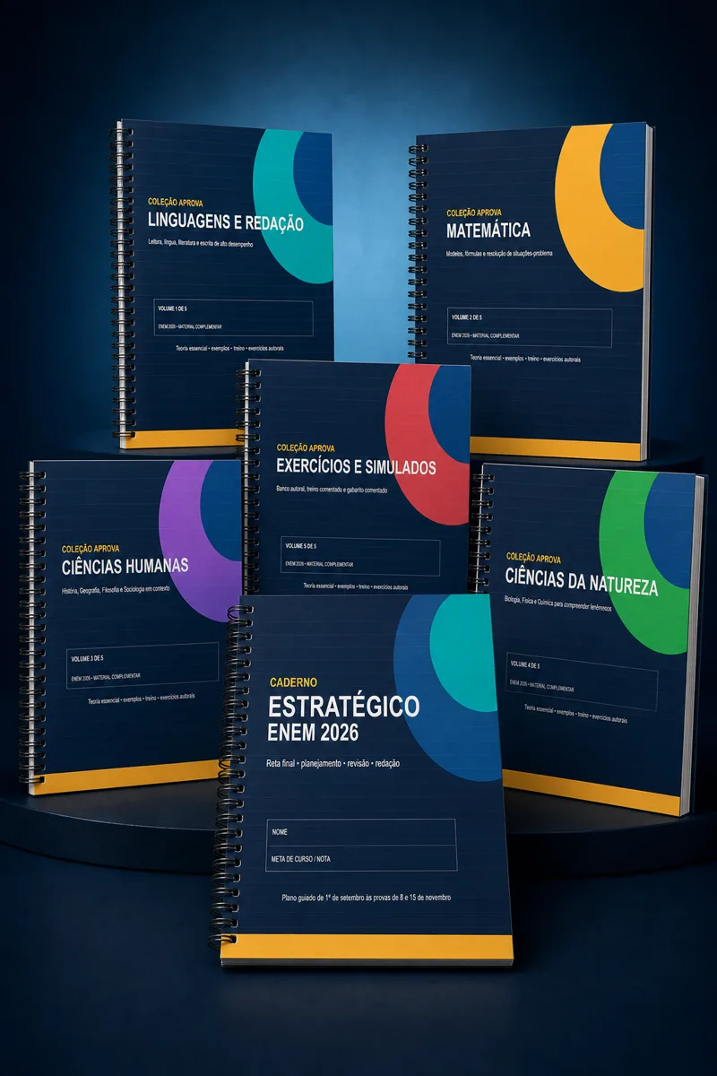 Coleção completa com o Caderno Estratégico e cinco volumes para o ENEM 2026